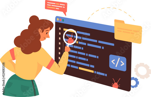Woman programmer checking, catching bugs. Fixing system errors. Software application testing, quality assurance, QA engineer and bug fixing concept. Vector illustration web development concept