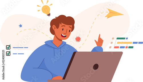 Coding project. Young man sitting with laptop, writing code, studying. Script coding in php, python, javascript, programming languages. Freelance and remote job, online course concept