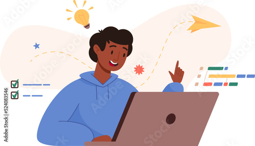Coding project. Young man sitting with laptop, writing code, studying. Script coding in programming languages. Freelance and remote job, online course concept