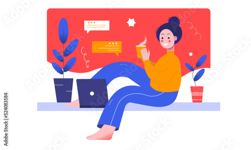Girl is sitting at her laptop with a cup of tea in flat style and with plants