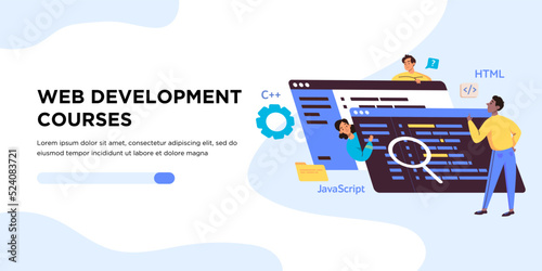 Web development concept banner template. Script coding and programming languages. Software engineer team working on web development on computer. People in tech. QA engineer and bug fixing concept