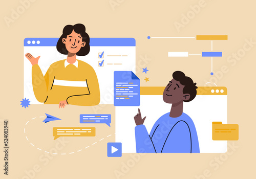 Man and woman taking part in business communication at remote work. Online video conference calls, sending documents, group chat, teamwork concept. Software engineer working on web development project