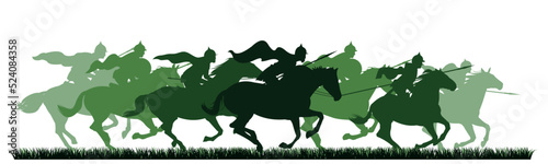 Detachment Knights are jumping. Scenery silhouette. Medieval warriors with spears and in armor ride horses. Object isolated on white background. Vector