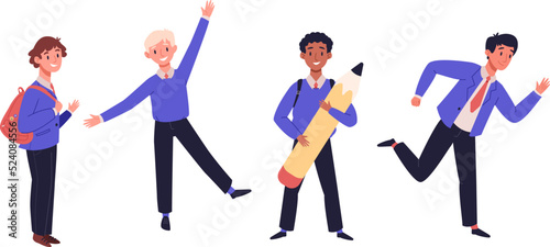 Happy children in school uniform with backpacks in class. Boys multiethnic classmates go back to school. Kids playing, standing in different poses set. Cartoon vector illustration banner