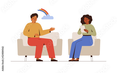 Female psychotherapist has an Individual session with her male patient and sees positive results. Happy man sits on the sofa and excitedly tells something to his counselor.Talk therapy concept. Vector