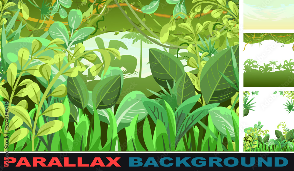 Sandy glade. Set parallax effect. Jungle background. Plants rainforest. Beautiful green landscape with exotic trees and palms. Cute cartoon style. Vector