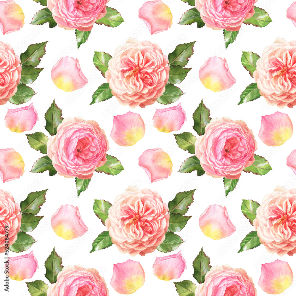 watercolor seamless pattern witn summer flowers - colorful roses in botanical style