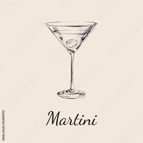 Sketch Martini Cocktails with Olives Vector Hand Drawn Illustration. Martini Happy Hour. Vodka