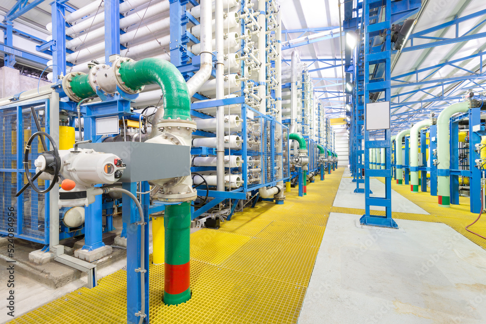 The reverse osmosis equipment in a desalination plant. Stock Photo ...