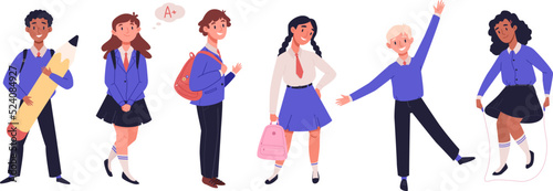 Happy children in school uniform with backpacks in class. Boys and girls multiethnic classmates go back to school. Kids playing, standing in different poses set. Cartoon vector illustration collection