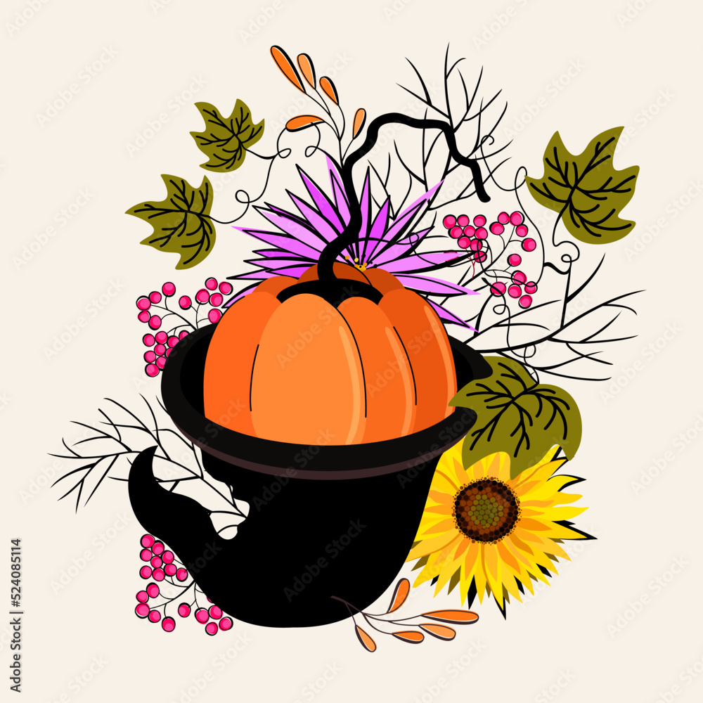 Vector bright autumn bouquet with pumpkin on Halloween hat, leaves, flowers and berries. Isolated on light background.