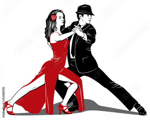 Argentine Tango. Dancing Pair. Woman in red dress, Man in black suit. Pin Up, Pop Art style. Vector drawing.