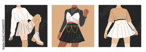 Fashion girls in stylish clothes. Set of posters, fashionable youth images in grunge style. Vector illustration in a flat style. Avatar icon.
