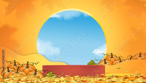 Autumn background 3D Podium display cylinder Stand with Pumpkin and Maple Leaves on orange wall,Vector Abstract minimal design for backdrop shooting for Halloween or Fall products presentation