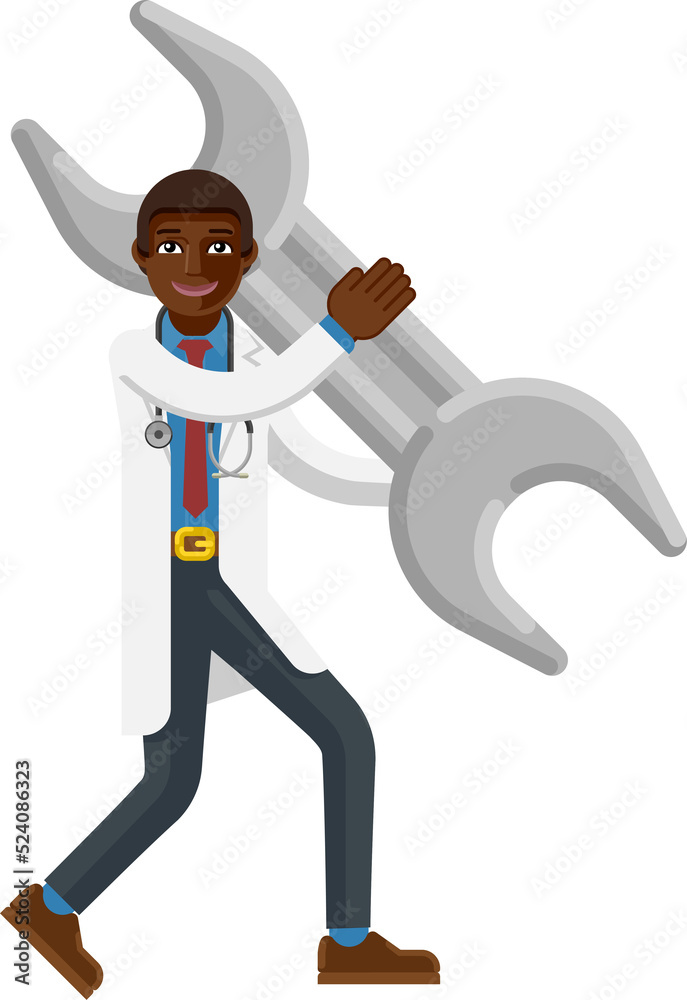Black Doctor Man Holding Spanner Wrench Mascot Black Doctor Man Holding Spanner Wrench Mascot