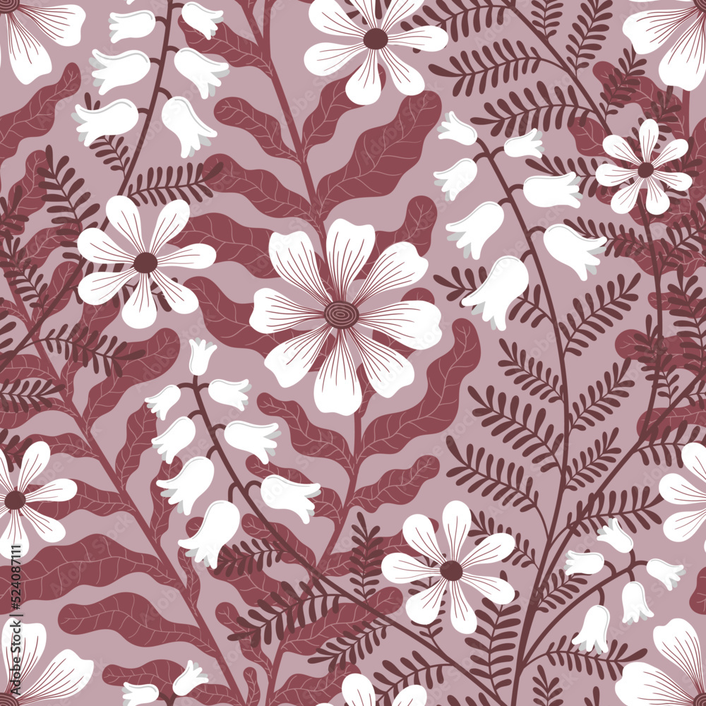 VECTOR SEAMLESS PINK BACKGROUND WITH WHITE WEAVING FLOWERS