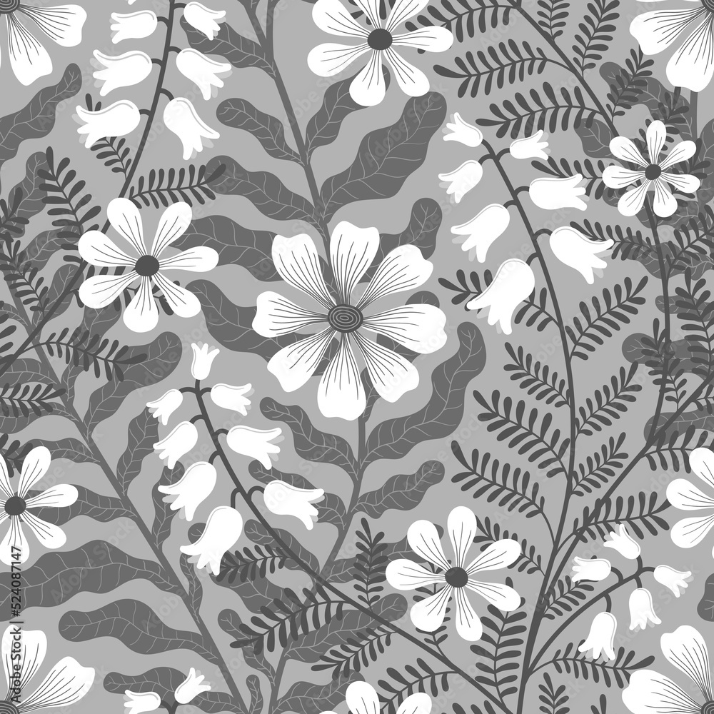 VECTOR SEAMLESS GRAY BACKGROUND WITH WHITE WEAVING FLOWERS
