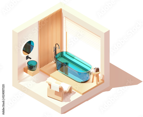 Vector isometric modern bathroom. White bathroom with wooden elements, transparent glass bathtub and washbasin, large window, armchair. Minimalist modern interior