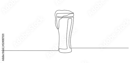 Continuous one line drawing of beer glass with foam. Craft drink alcohol ale in simple linear style for bar and pub concept for menu. Oktoberfest equipment. Editable stroke. Doodle Vector illustration
