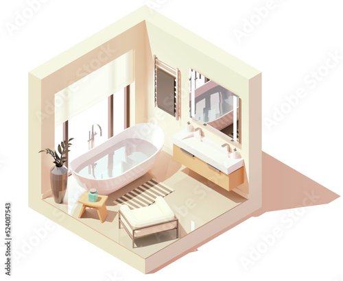 Vector isometric modern bathroom. White bathroom with wooden furniture, white bathtub and double washbasin, large window. Minimalist modern interior