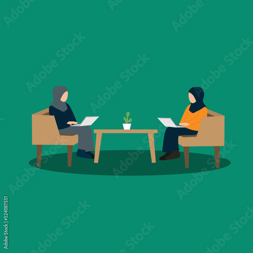 Modern Vector illustration drawing of Young two Asian Muslim women relaxing using laptop computer working and video conference meeting online chat at office. Modern design vector illustration