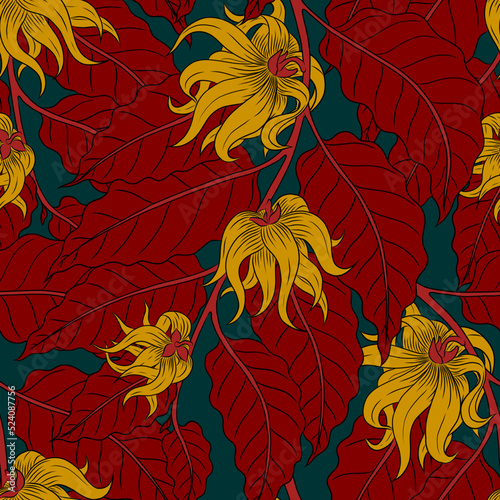 VECTOR SEAMLESS EMERALD PATTERN WITH YELLOW YLANG-YLANG FLOWERS ON RED BRANCHES