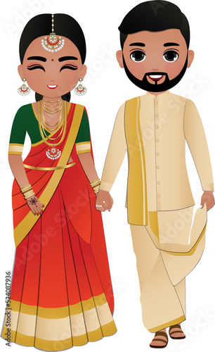 Photography Bride and groom cute couple in traditional indian dress cartoon character