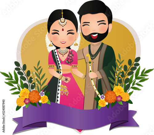 Canvas Print Bride and groom cute couple in traditional indian dress cartoon character