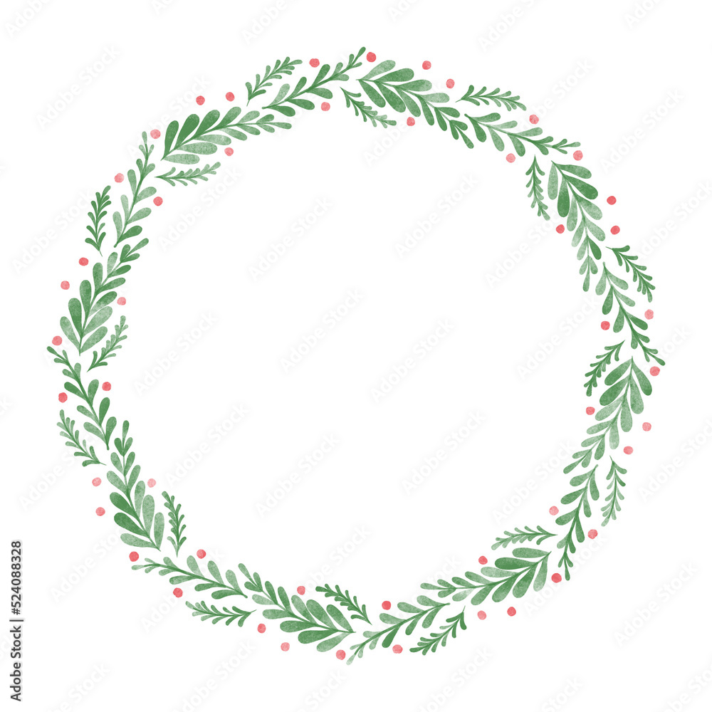 Watercolor green leaves and flower wreath Watercolor green leaves and flower wreath