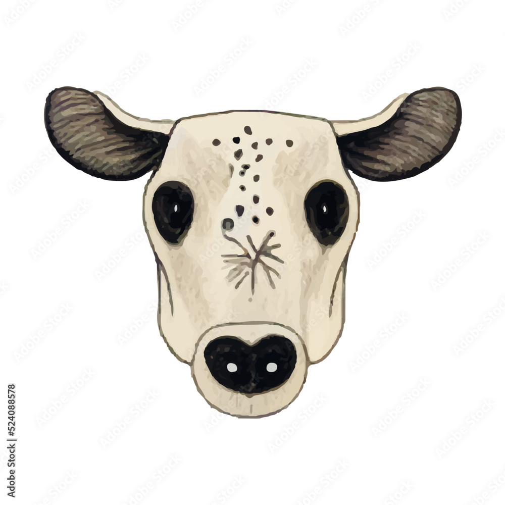 Image of a cow's muzzle. Illustration of a cow with spots on its muzzle. Sketch of a cow.
