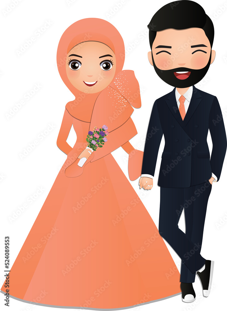 Wedding invitation card the bride and groom cute muslim couple cartoon Wedding invitation card the bride and groom cute muslim couple cartoon