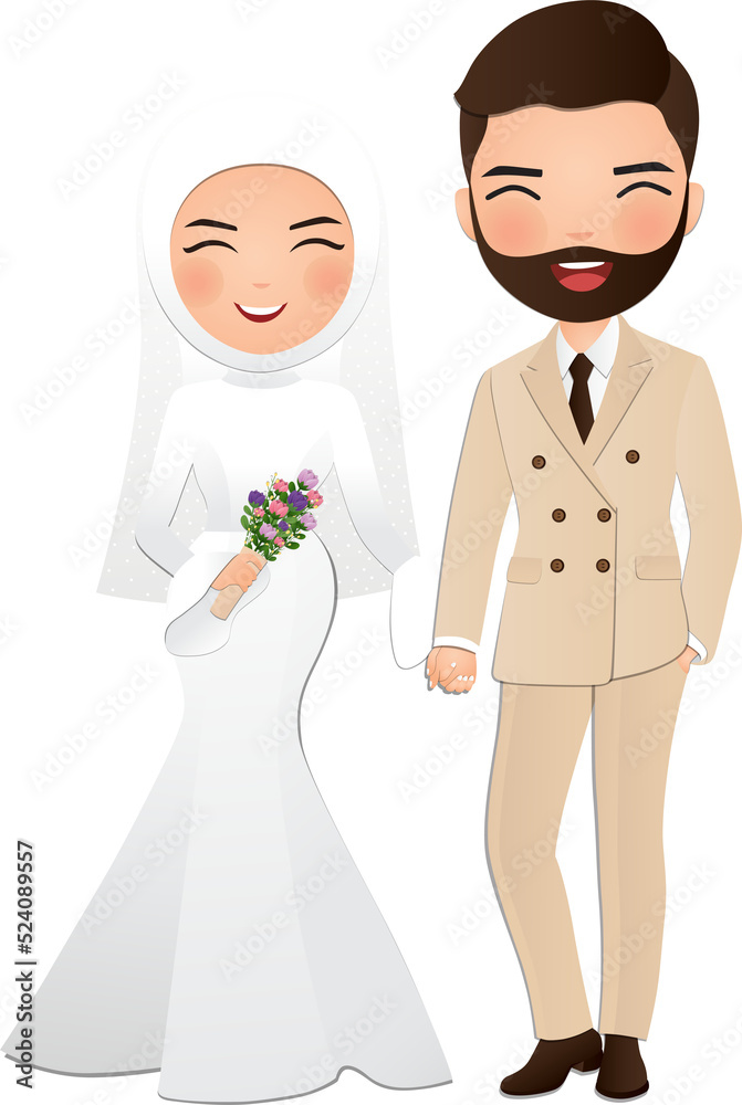Wedding invitation card the bride and groom cute muslim couple cartoon  Stock Illustration | Adobe Stock