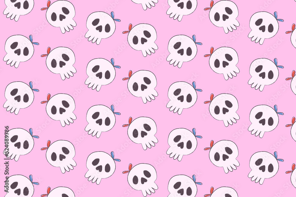 cute halloween pattern background with two illustrated skulls with bows on their heads.