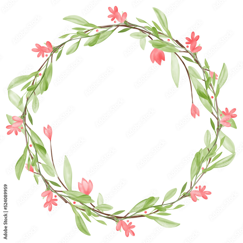 Watercolor Hand Drawn Wreath with Leaves