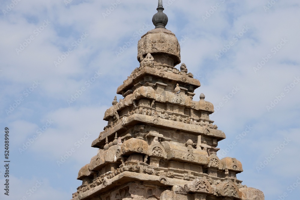 Shore temple in Mahabalipuram, Tamilnadu, India. It is one of the Group of Monuments at Mahabalipuram and it has been classified as a UNESCO World Heritage Site. Shore temple is the oldest structure.