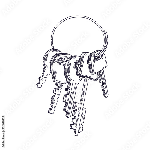 Etched door keys bunch attached to ring. Engraved drawing of keyring, holder....