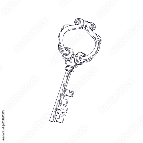 Vintage antique key of castle door. Etched engraved old unlocking item drawn ...