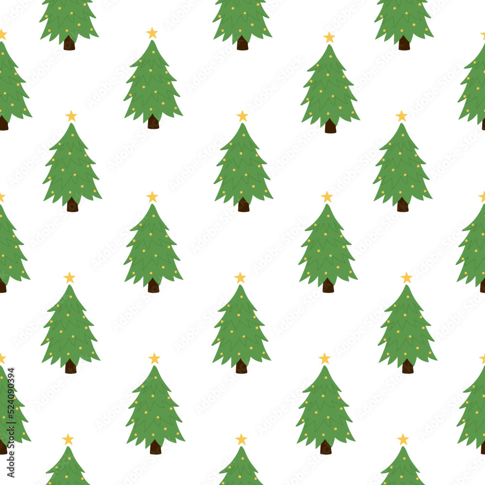 Seamless pattern of green Christmas tree on white background. Hand drawn pine tree. Vector illustration