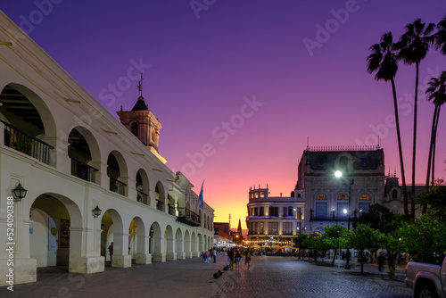 Historic center of the city of Salta in Argentina at sunset with the Cabildo in the foreground