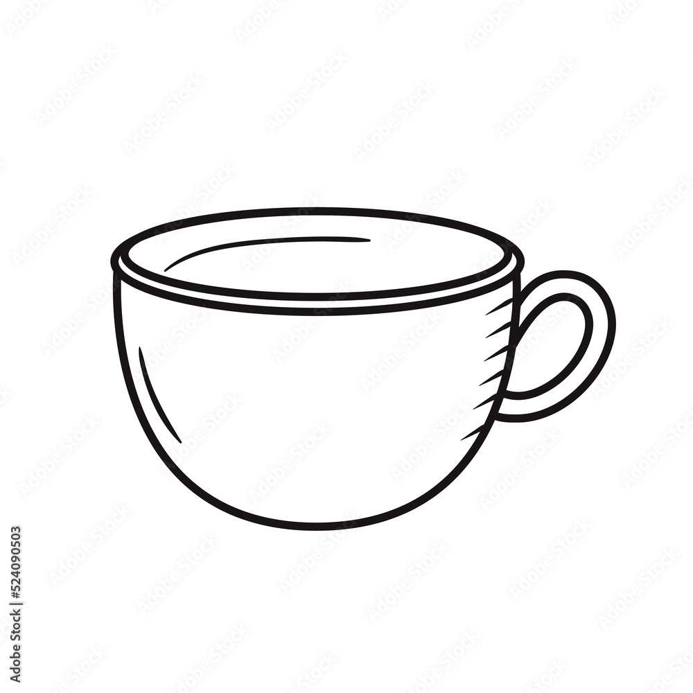 Outline kitchen cup doodle. Hand drawn silhouette of kitchenware element. Vector ceramic mug isolated on white. Black line home accessory