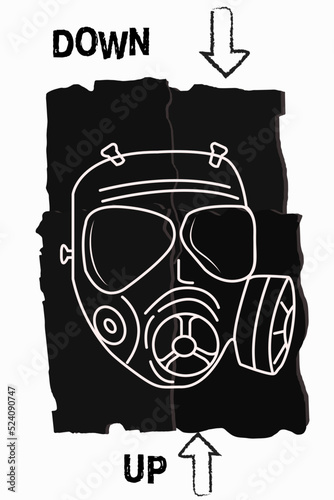 Sketch of a gas mask on a black background. Vector. Design for t-shirts, stickers.