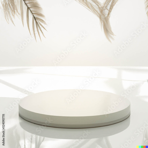 White product display podium with palm leaf shadows in the background