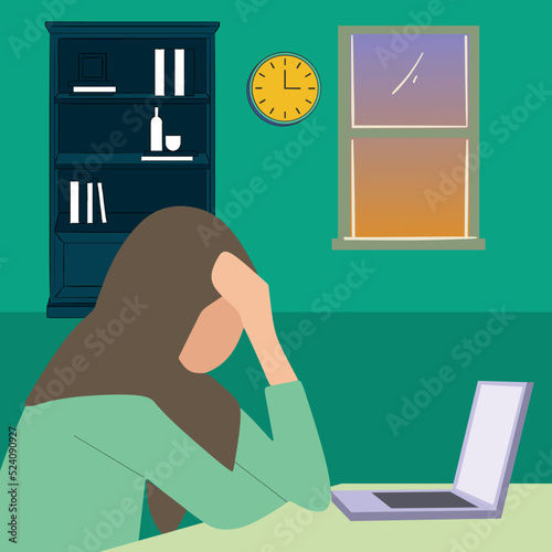 Simple Vector illustration drawing of Working Stress. Portrait Of Upset Islamic Woman In Hijab Sitting At Desk With Laptop, Tired After Work On Computer At Home, Muslim Lady Feeling Exhausted.