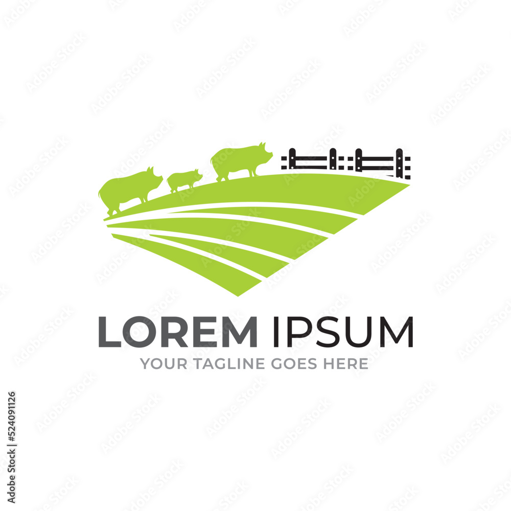 Simple farm logo. Farm animal sign. Green logotype for farm. Symbol for agricultural products. Brand for agricultural company.vector illustration with pig.