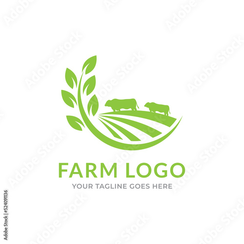 Simple farm logo. Farm animal sign. Green logotype for farm. Symbol for agricultural products. Brand for agricultural company Vector illustration with cow.