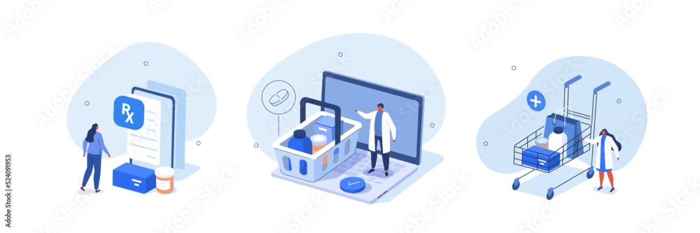Medical illustration set. Doctor standing near shopping basket and cart full of medicaments. Patient receiving online prescription. Pharmacy store and online medicine concept. Vector illustration. Medical illustration set. Doctor standing near shopping basket and cart full of medicaments. Patient receiving online prescription. Pharmacy store and online medicine concept. Vector illustration.
