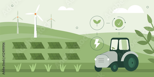 Sustainable agricultural farm with electric tractor, windmills and solar energy panels. Eco smart farming  and agriculture technology concept. Vector illustration.