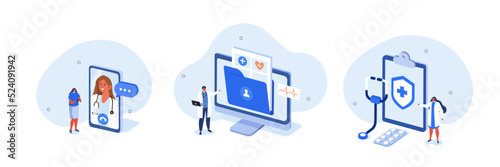 Medical illustration set. Doctor in hospital presenting patients EMRs, health insurance and other online medical services. Electronic health record concept. Vector illustration.