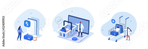 Medical illustration set. Doctor standing near shopping basket and cart full of medicaments. Patient receiving online prescription. Pharmacy store and online medicine concept. Vector illustration.
