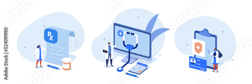 Medical illustration set. Doctor presenting health insurance services and patients id card and prescription. Medicine and healthcare concept. Vector illustration.

